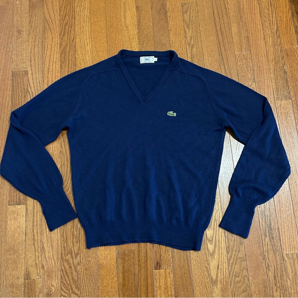 vintage navy blue Izod Lacoste V-neck acrylic sweater.